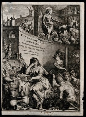 A woman representing pharmacy receives gifts of materia medica from vegetable and mineral sources, and with the aid of a herbal distils them into medicines; above, Apollo gives authority to Hippocrates as other Olympians stand outside the temple of Aesculapius. Etching by R. de Hooghe.