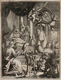 Hygieia, Telesphorus and Aesculapius watch the presentation of exotic plants to a woman representing Knowledge (?), under the protection of the Academia Naturae Curiosorum, while a crowd of sick people wait expectantly. Engraving, 16--.