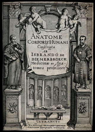 An anatomy theatre with statues of the anatomists Vesalius and Spigelius; a corpse on a table in the background. Engraving, 1672.