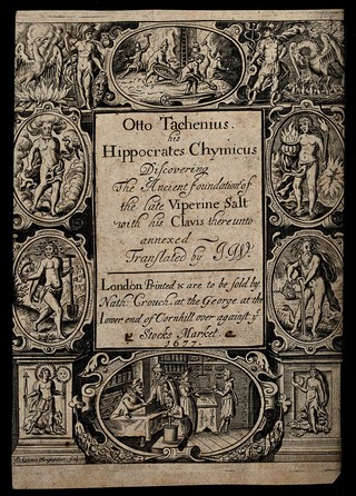 Men digging minerals; a phoenix being reborn; a pelican feeding its chicks with its blood; symbols of the four elements; an apothecary's shop. Engraving by J. Drapentier, 1677.