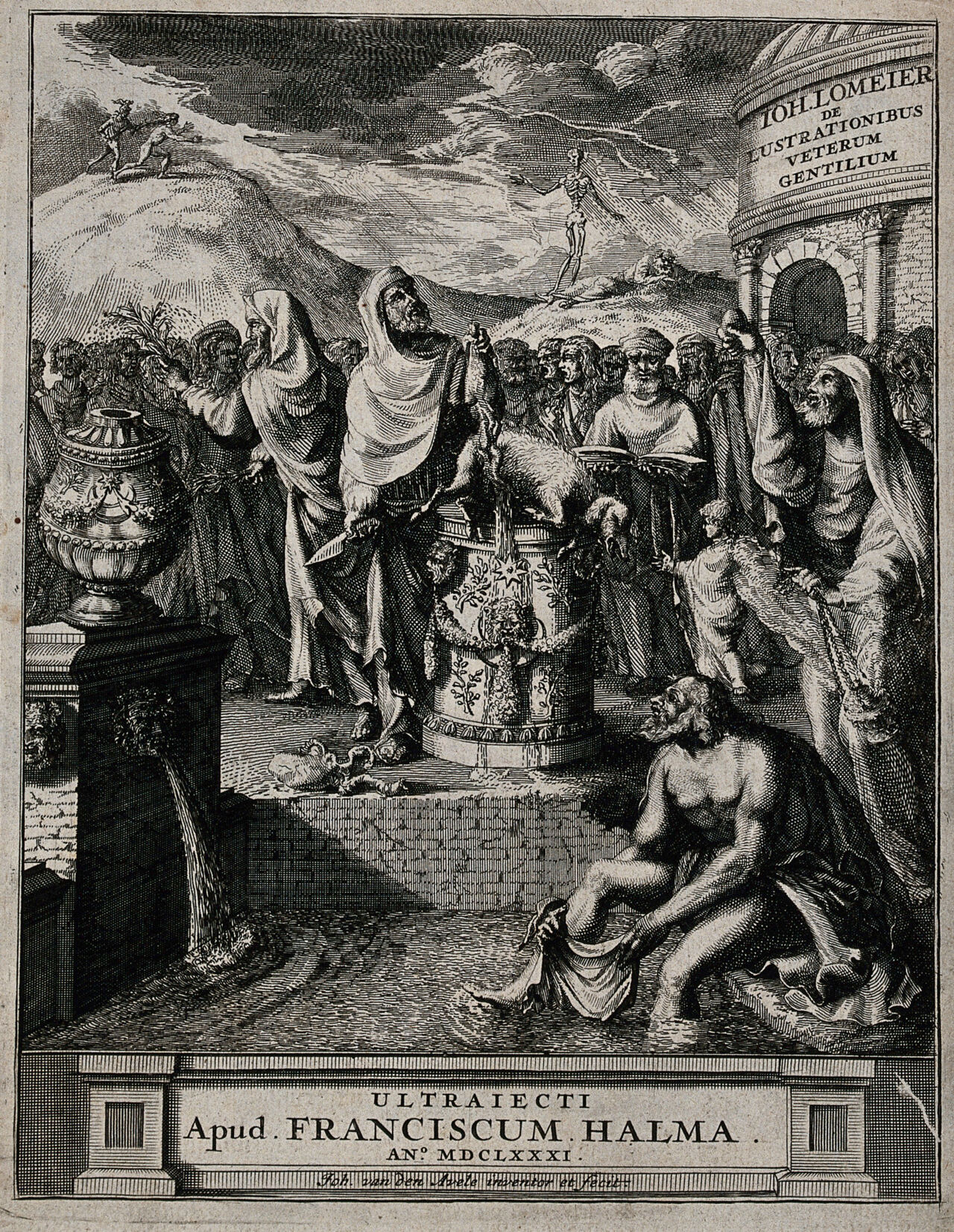 An ancient priest killing a lamb as a sacrifice amidst a crowd of people. Etching by J. van den Aveele, 1681., 1681, by Jan van den Aveelen