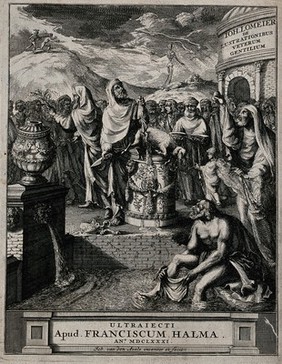 An ancient priest killing a lamb as a sacrifice amidst a crowd of people. Etching by J. van den Aveele, 1681.