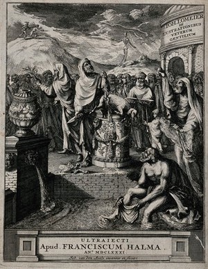 view An ancient priest killing a lamb as a sacrifice amidst a crowd of people. Etching by J. van den Aveele, 1681.