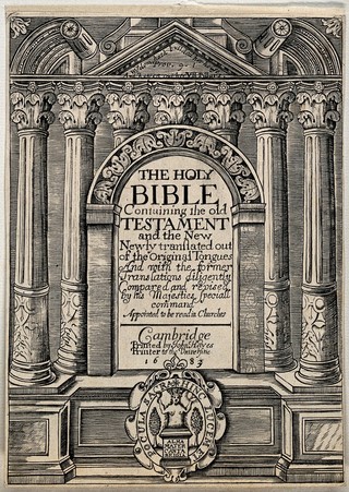 The entrance to a temple (a portico with an arch) representing access to the Bible. Engraving after John Chantry, 1683.