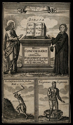 view Above, Jesus Christ and M. Georg Michaelis point to the Bible placed on an altar; below left, a man seeking that he may find; below right, Archimedes stepping out of the bath saying "Eureka". Engraving, 1733.