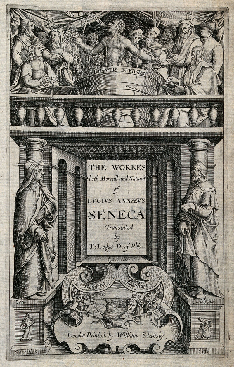 Stoicism: above, the suicide of Seneca; middle, Zeno and Chrysippus; below, the suicides of Socrates and Cato. Engraving by W. Hole, ca. 1614., [1614?], by William Hole
