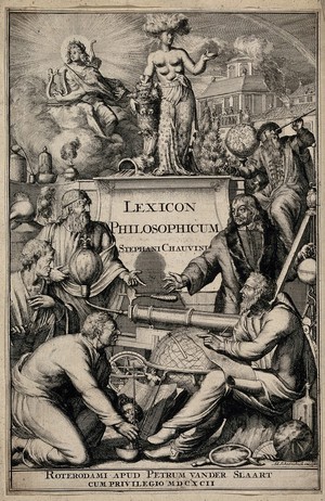 view A woman with five breasts on a pedestal, with attributes of nature and the elements, and with Apollo next to her seated on a cloud; men with various experimental instruments below them; representing natural philosophy. Engraving by A. Schoonebeek, 1692.