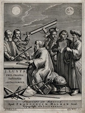 Copernicus and five other astronomers with astronomical instruments. Engraving by J. Mulder after G. Hoet, 1692.