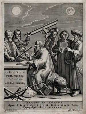 view Copernicus and five other astronomers with astronomical instruments. Engraving by J. Mulder after G. Hoet, 1692.