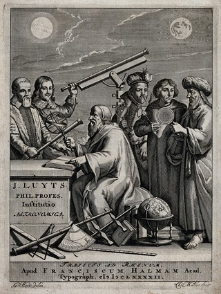 Copernicus and five other astronomers with astronomical instruments. Engraving by J. Mulder after G. Hoet, 1692.