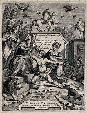 view Hera, Hercules, Athena (?) and other Greek divinities with birds, a lion, a dog and a cow; representing animal locomotion. Engraving, 1710.