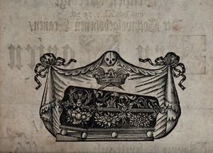 view A coffin decorated with skulls and wreaths of flowers. Woodcut, 1720.