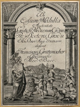Aesculapius, representing medicine, receives homage from putti who bring him symbols of botany, natural history, chemistry and anatomy. Engraving by A. Nunzer, 1748.