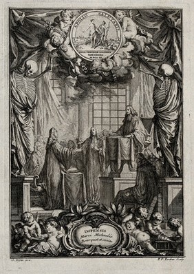 Surgery: a doctoral candidate defending a thesis in surgery at the Académie Royale de Chirurgie, Paris. Etching by P.F. Tardieu after C. Eisen, 1751.