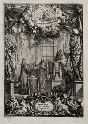 view Surgery: a doctoral candidate defending a thesis in surgery at the Académie Royale de Chirurgie, Paris. Etching by P.F. Tardieu after C. Eisen, 1751.