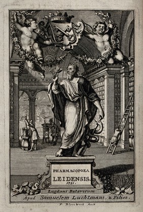 A statue of Aesculapius holding his staff and a plant stands in a large pharmacy below the coat of arms of Leiden; men working in the pharmacy in the background; representing the pharmacopoeia of Leiden. Engraving by F. van Bleyswyck, 1751.