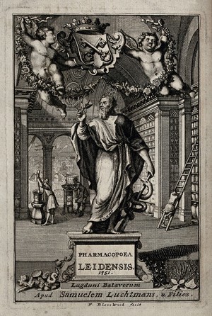 view A statue of Aesculapius holding his staff and a plant stands in a large pharmacy below the coat of arms of Leiden; men working in the pharmacy in the background; representing the pharmacopoeia of Leiden. Engraving by F. van Bleyswyck, 1751.