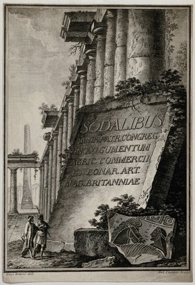 A Roman soldier and an old man walking among colossal Greek and Roman inscriptions and reliefs; a Greek fragment representing horses and a man's head in the foreground. Etching by A. Cardon after G. Bracci, ca. 1766.