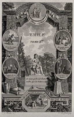 In a rural garden, two boys draw the figure of Nature represented as a woman with six breasts feeding two infants; around, examples of nature and education. Engraving by E.J.N. de Ghendt after C.P. Marillier, ca. 1788/1793.