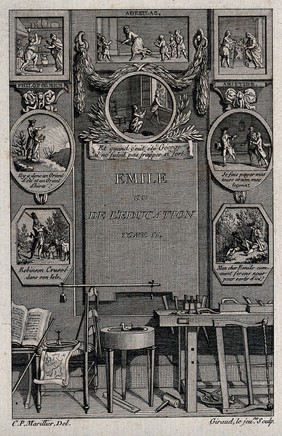 Instruments of education (woodwork etc.); and eight episodes related to Rousseau's Emile in vignettes on the wall. Engraving by Giraud le Jeune after C.P. Marillier, 1788/1793.