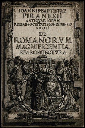 A marble tablet sculpted in relief with trophies and ornaments illustrating the magnificence of the ancient Romans. Etching by G.B. Piranesi, 1761.