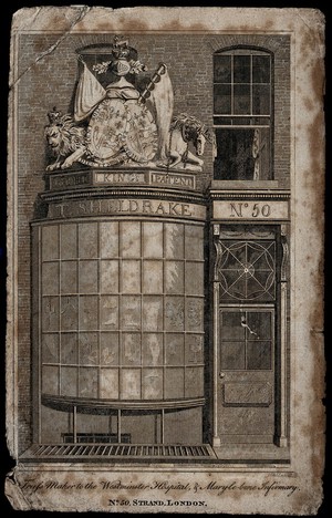 view The shopfront of the truss-maker Timothy Sheldrake, at No. 50 The Strand, London; royal coat of arms above the bay window. Engraving by T. Medland, ca. 1820.