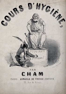 A fool is writing an insult on the pedestal of a statue of Hippocrates. Lithograph by Cham, 1862.