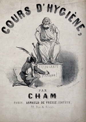 view A fool is writing an insult on the pedestal of a statue of Hippocrates. Lithograph by Cham, 1862.