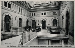 view Aix-les-Bains, France: interior of a thermal establishment. Photographic postcard, ca. 1920.