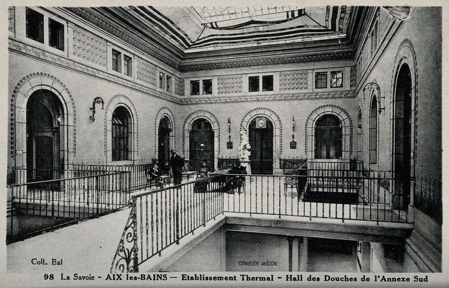 Aix-les-Bains, France: interior of a thermal establishment. Photographic postcard, ca. 1920.