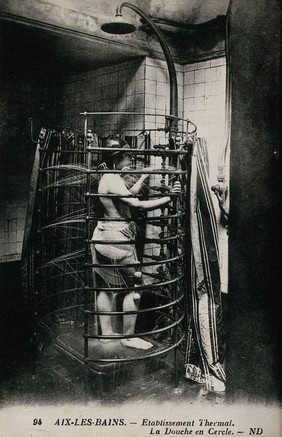 Aix-les-Bains, France: a circular shower in a thermal establishment. Photographic postcard, ca. 1920.