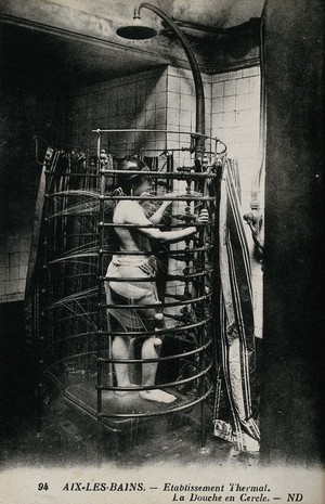 view Aix-les-Bains, France: a circular shower in a thermal establishment. Photographic postcard, ca. 1920.