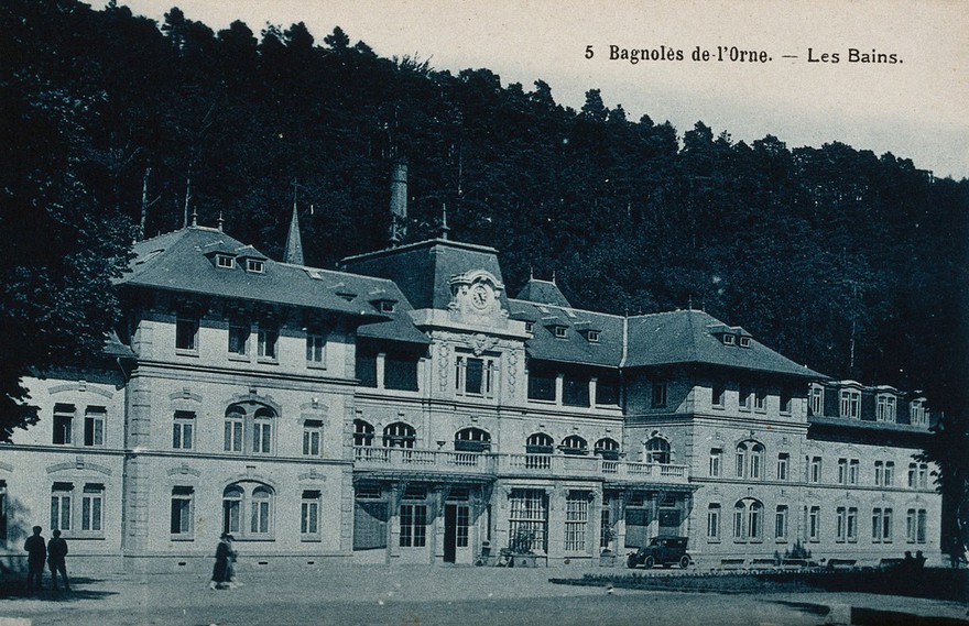 Bagnoles de l'Orne, France: a thermal establishment. Photographic postcard, ca. 1920.