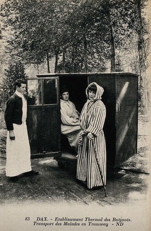 view Dax, France: a tramway transporting patients from a thermal establishment. Photographic postcard, ca. 1920.