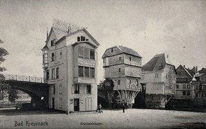 view Bad Kreuznach, Germany: buildings of the thermal station. Photographic postcard, ca. 1920.