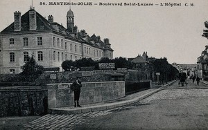 view Mantes-la-Jolie, France: the hospital on the Boulevard Saint-Lazare. Photographic postcard, ca. 1920.