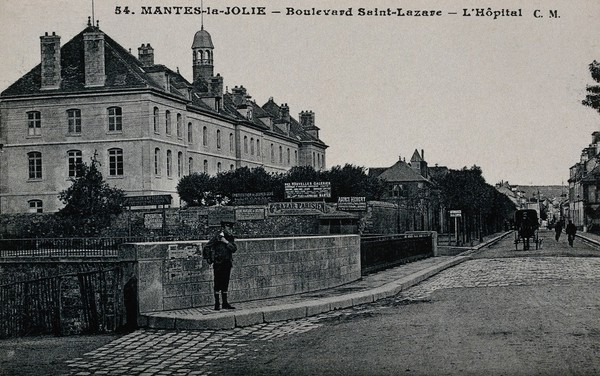 Mantes-la-Jolie, France: the hospital on the Boulevard Saint-Lazare. Photographic postcard, ca. 1920.