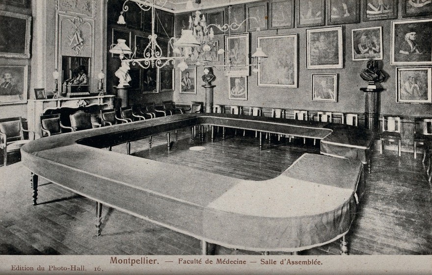 Montpellier, France: the assembly room, medical school. Photographic postcard, ca. 1940.