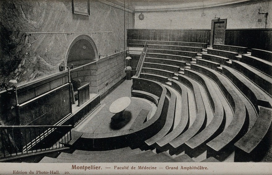 Montpellier, France: the amphitheatre in the medical school. Photographic postcard, ca. 1940.
