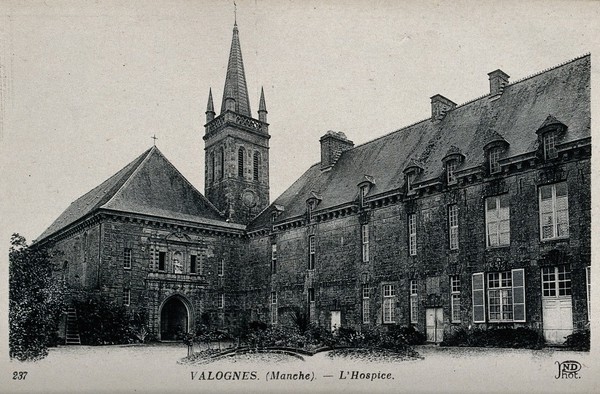 Valognes, France: the hospice. Photographic postcard, ca. 1910.