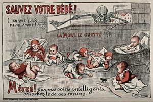 view The interior of a nursery with eight babies, watched by Death who opens the window from outside and reveals and industrial cityscape. Colour process print after A. Dick Dumas, ca. 1917.