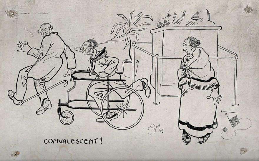 World War I: a convalescent soldier in a walking frame is running at speed while smoking a cigarette, endangering an older man and woman. Postcard after E. Jones, 1917.