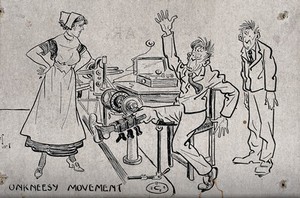 view A man with a broken leg is having its muscles stimulated by an electrical machine. Postcard after E. Jones, 1917.