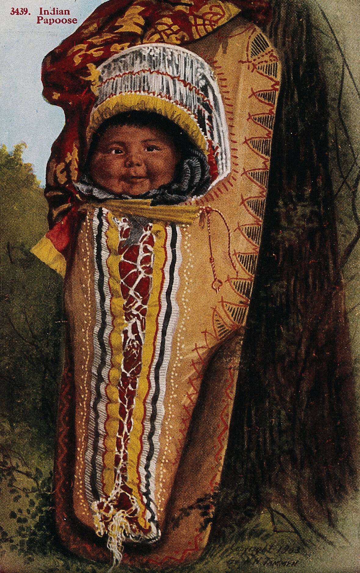 An Indian papoose in a baby carrier. Photographic postcard, ca. 1903