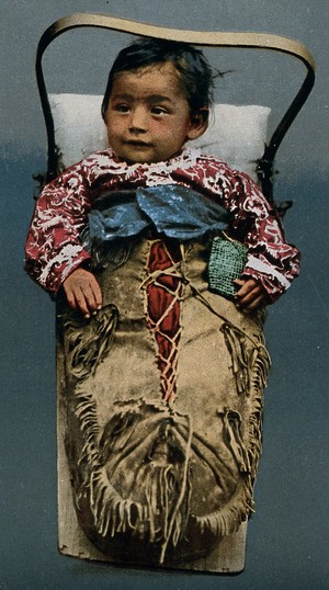 view An Indian papoose in a baby carrier. Colour process print, 1903.