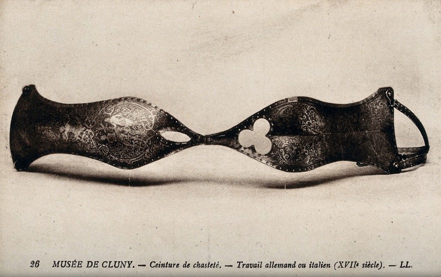 A chastity belt decorated with a representation of Adam and Eve under the Tree of Life. Process print.