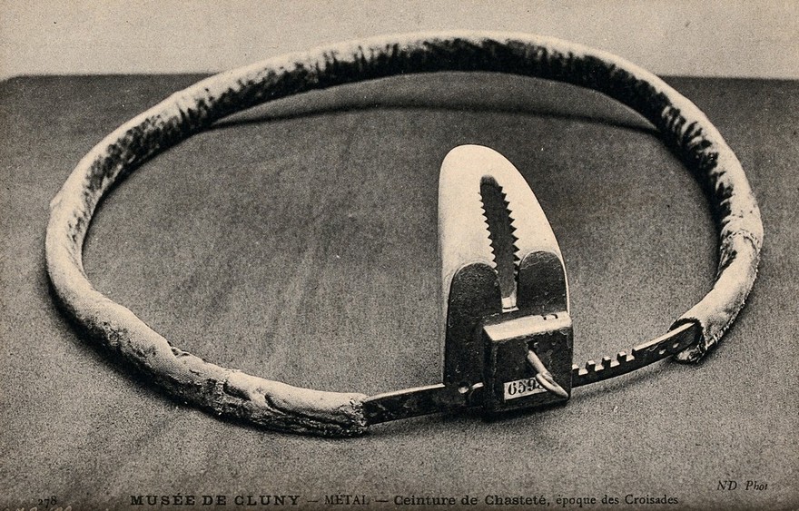 A chastity belt in the Musée de Cluny in Paris. Process print, 19--.