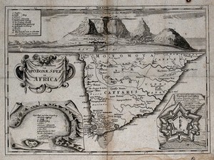 view Elevation of the Cape of Good Hope and and map of South Africa. Engraving.