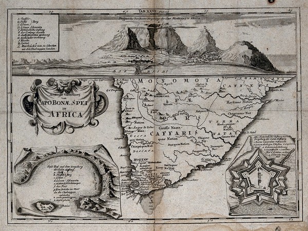Elevation of the Cape of Good Hope and and map of South Africa. Engraving.