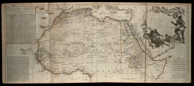 Map of Northern Africa; African people in a rococo frame on the upper right hand of the map. Coloured engraving, 1772., 1st August 1772, by Jean Baptiste Bourguignon d'Anville
